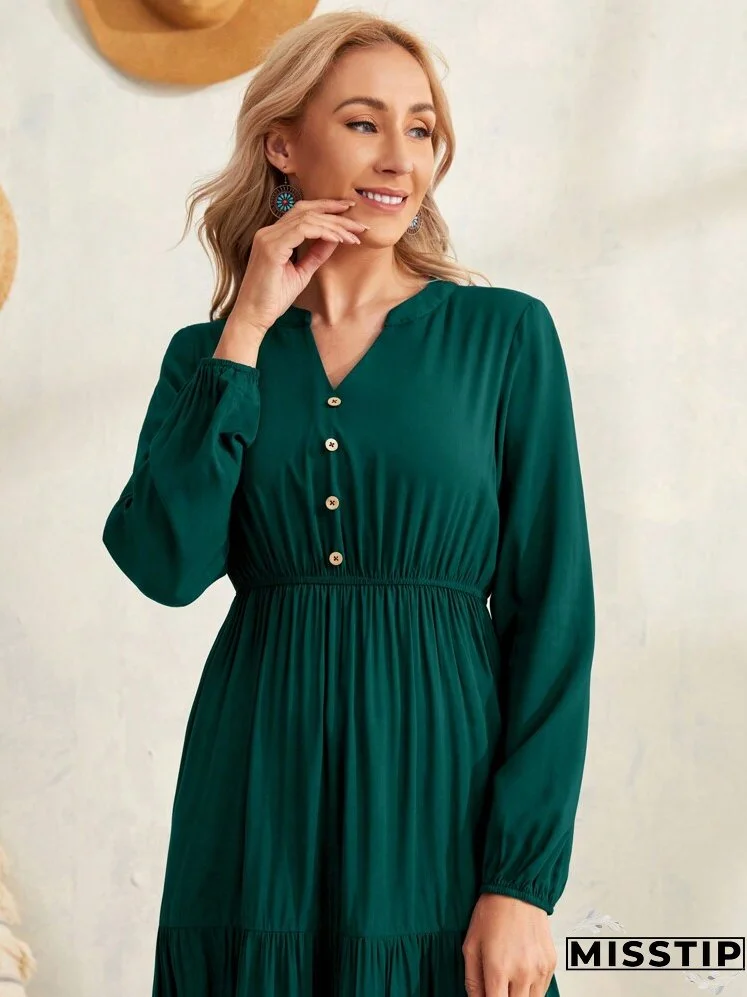 Lantern Sleeve Button Front Layered Ruffle Hem Dress