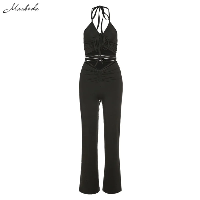 Macheda Autumn Solid Bodycon Matching Set Women Street Casual Skinny 2 Pce Outfit Halter Sleeveless Top And Lace Up Trousers Set