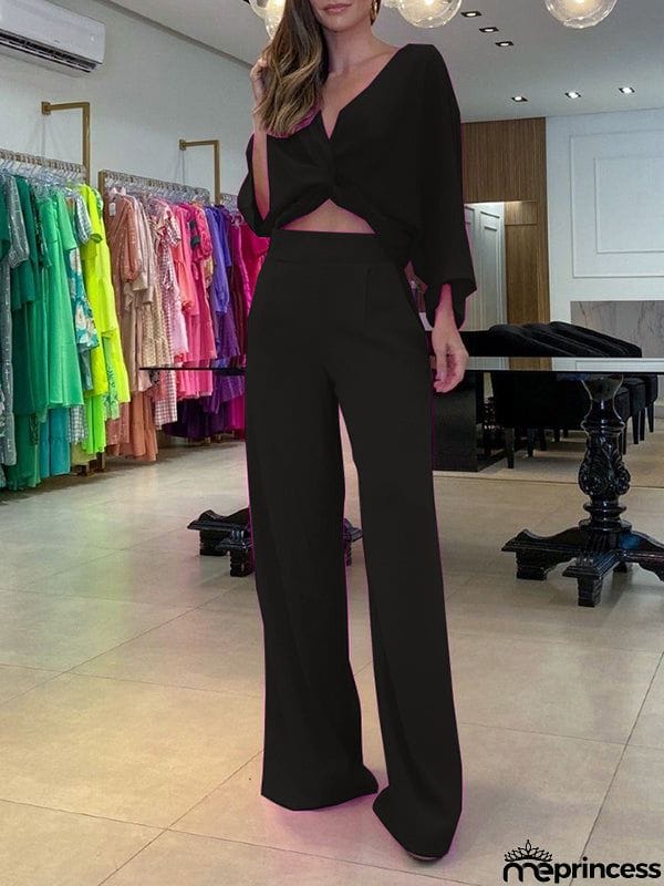 Solid Color Triangle Bras + Three-Quarter Sleeves Blouse + Pants Trousers Three Pieces Set