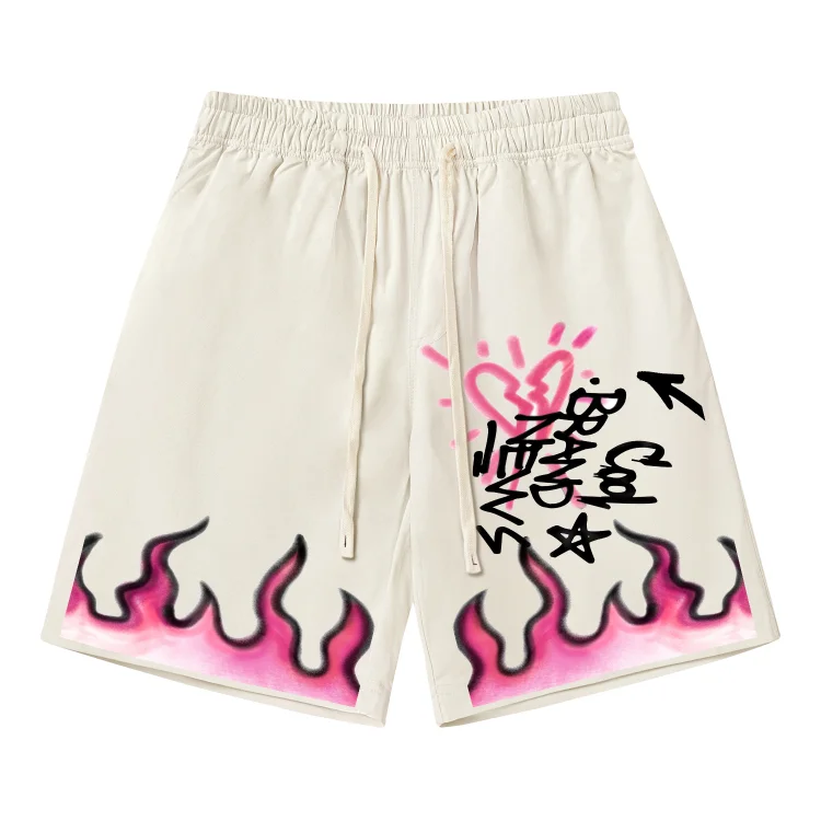 Hip Hop Flame Print Beach Shorts Straight Casual Pants at Hiphopee