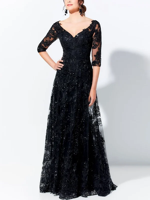 V Neck Lace Sequin Long Dress