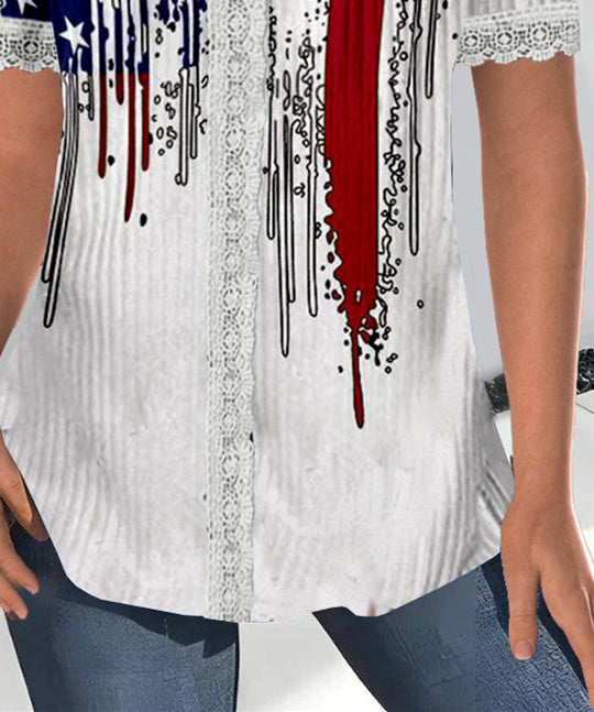 Women Short Sleeve V-neck National Flag Printed Printed Graphic Lace Tops