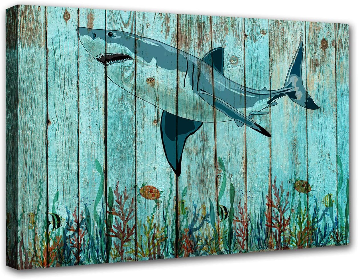 Shark Decor Ocean Life Paintings Green Plant Artwork Sea Turtle Canvas Wall Art Teal Blue Pictures Giclee Living Room House Decorations Wooden Framed Ready to Hang Poster and Prints(16''Wx24''H) 16&#039;&#039;Wx24&#039;&#039;H