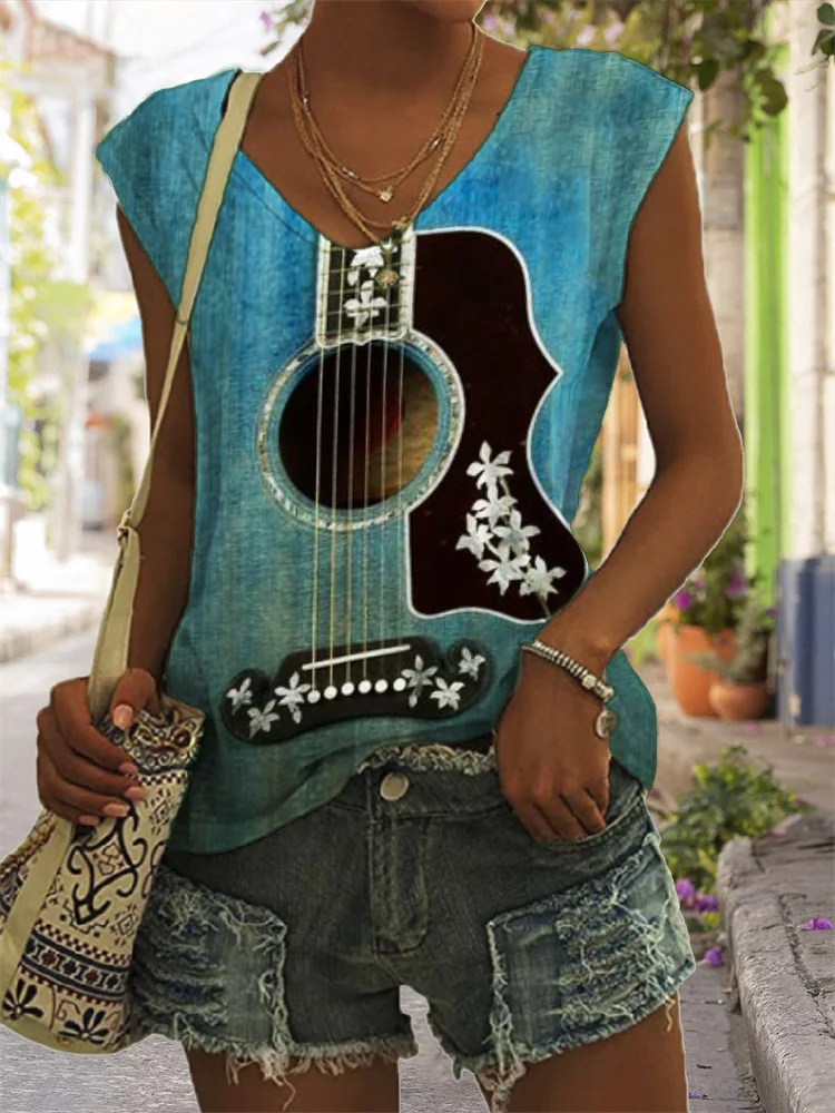 Classy Flowers Deco Guitar V Neck Tank Top