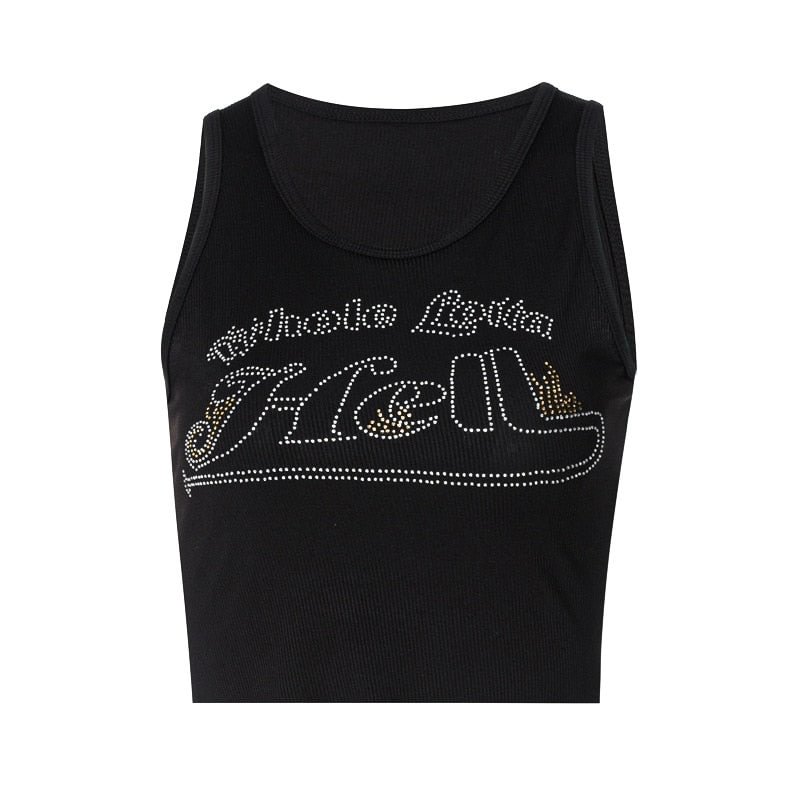 BOOFEENAA Sparkly Rhinestones Letter Black Ribbed Crop Top Summer Clothes for Women Street Style Fashion Tank Tops C70-AE10