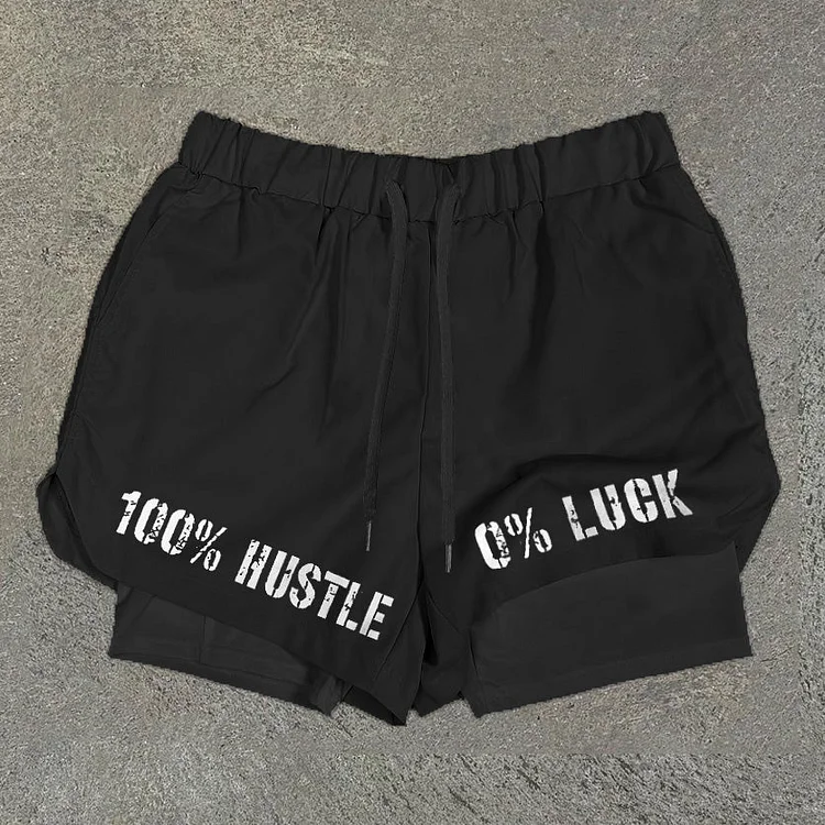 Vintage 100 Hustle 0 Luck Graphic Performance Double Layer Quick Dry Shorts SOPULA