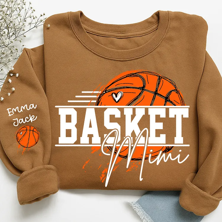 Basketball Mimi SweatShirt, Custom Grandkids Names with Basketball Hoop Design Family Tee