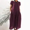Robe trapèze ample en coton et lin de grande taille de couleur unie