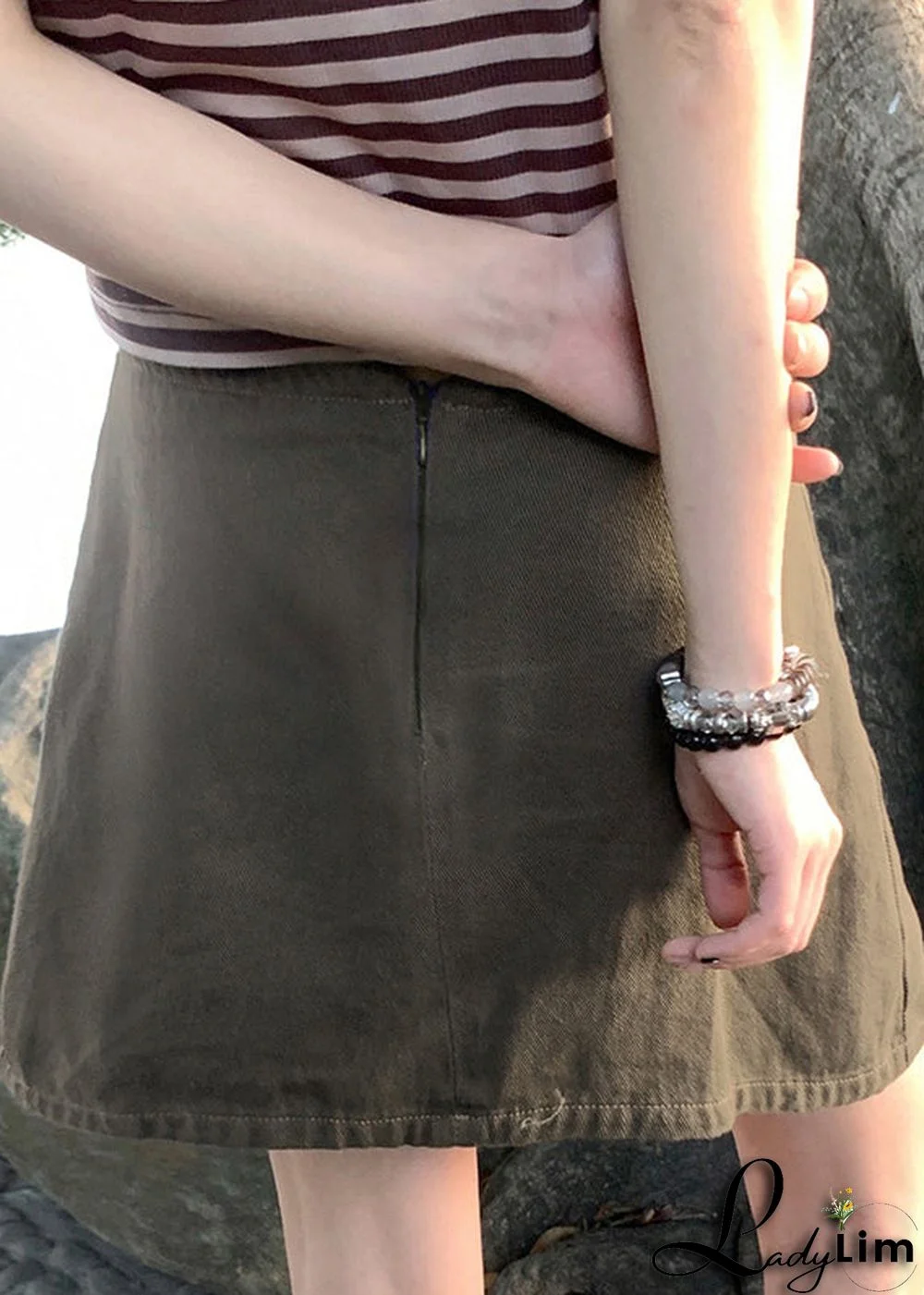 Modern Army Green Zippered High Waist Patchwork Denim Skirts Fall