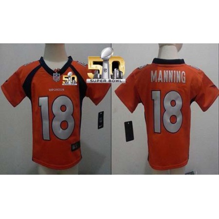 Toddler  Broncos #18 Peyton Manning Orange Team Color Super Bowl 50 Stitched NFL Elite Jersey