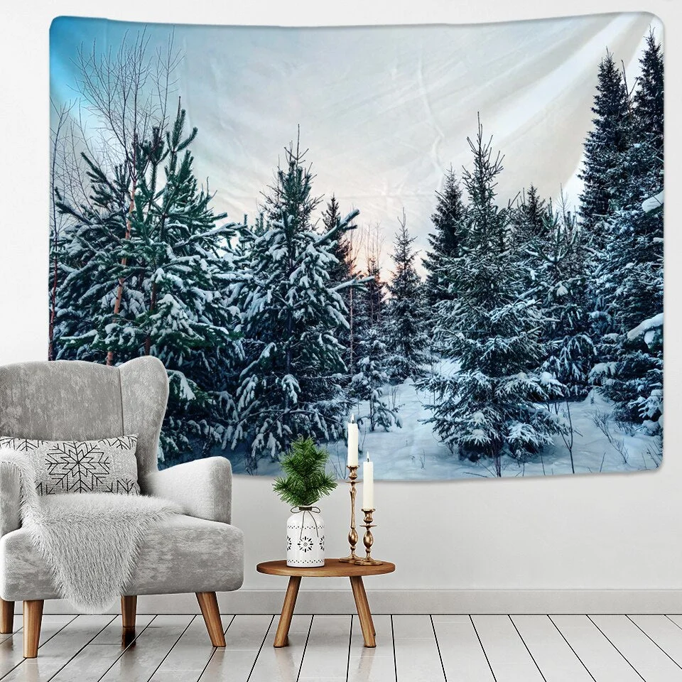 Xmas Tapestry Home Wall Hanging Polyester Snow Scene Christmas Tree Pattern Blanket Home Decoration Gift