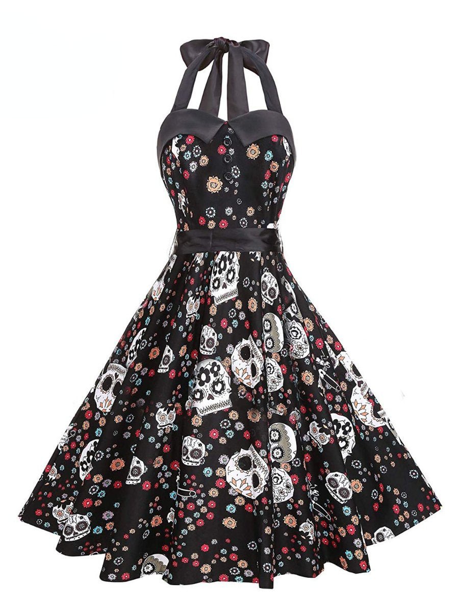Swing Dresses Halloween Vintage Halter Neckline Tie Midi Floral Dress