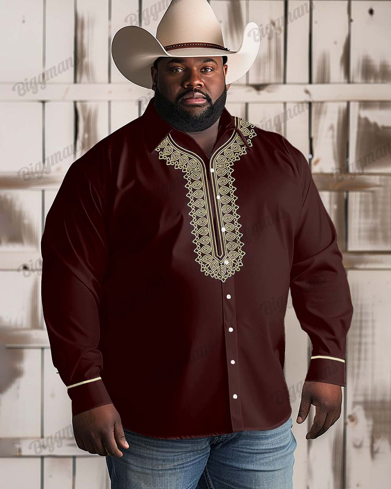 Men's Plus Size Western Wine Red Causal Long Sleeve Shirt
