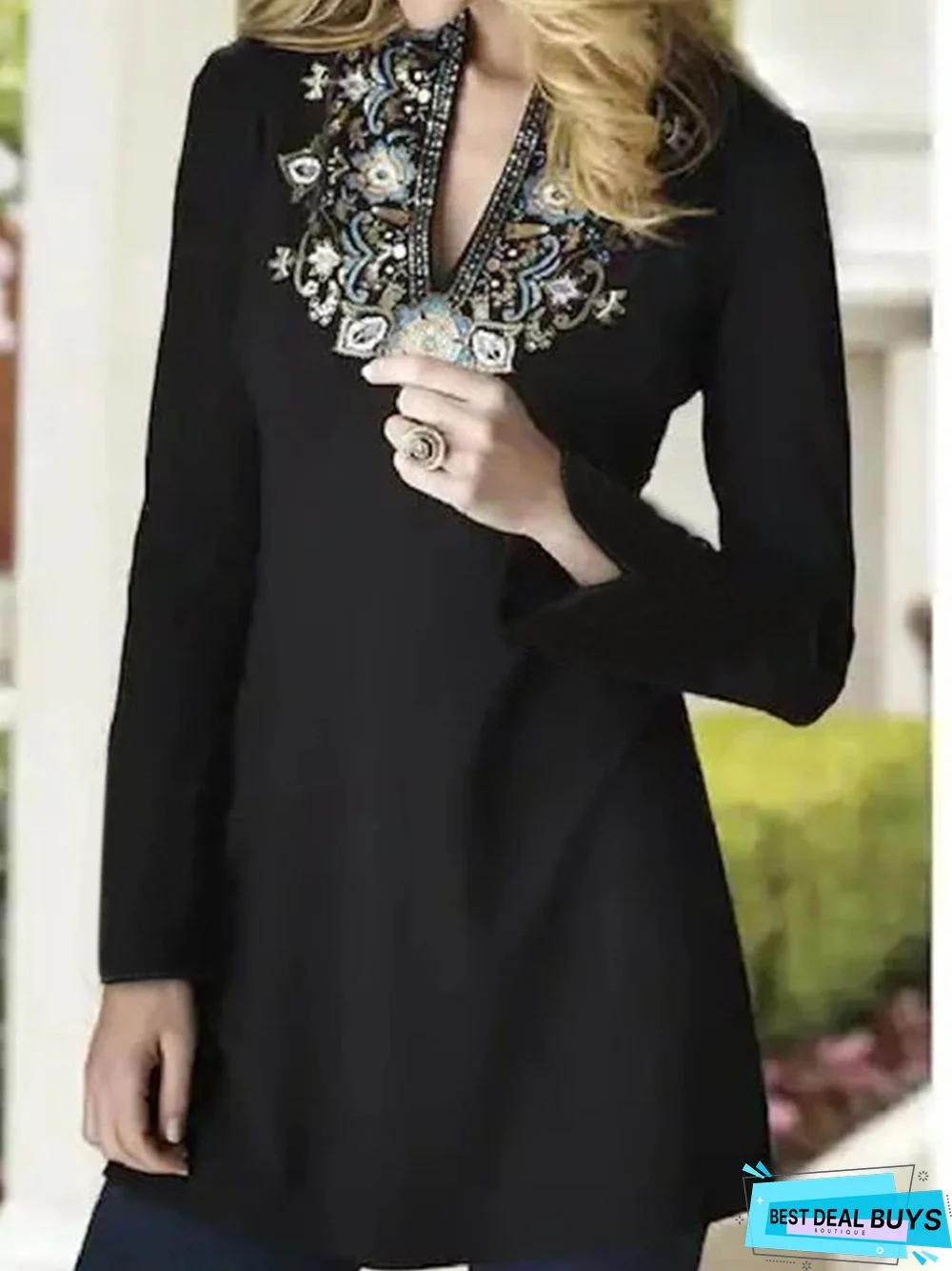 Black Long Sleeve Cotton-Blend T-shirt