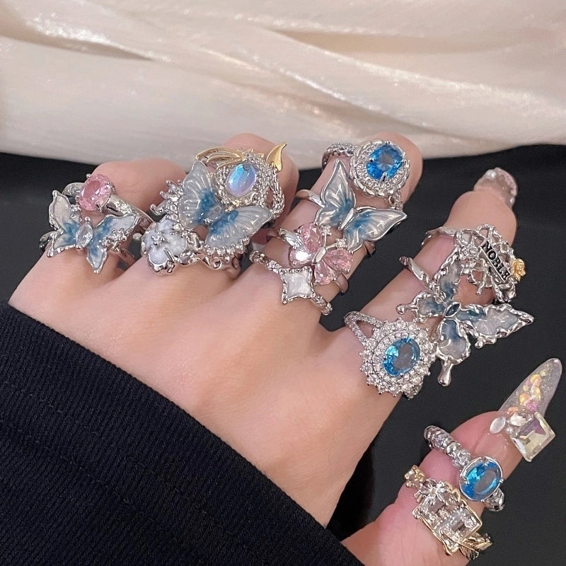 Copper Enamel Oval Butterfly Zircon Open Rings