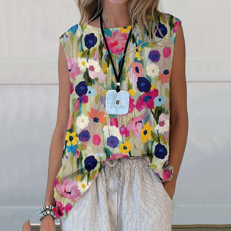 Lunivibe Color Block Floral Art Printed Casual Sleeveless Top