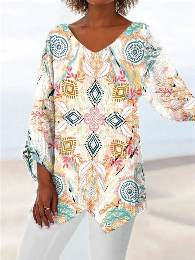 Women Asymmetrical 3/4 Sleeve V-neck Printed Gradient Top Dress