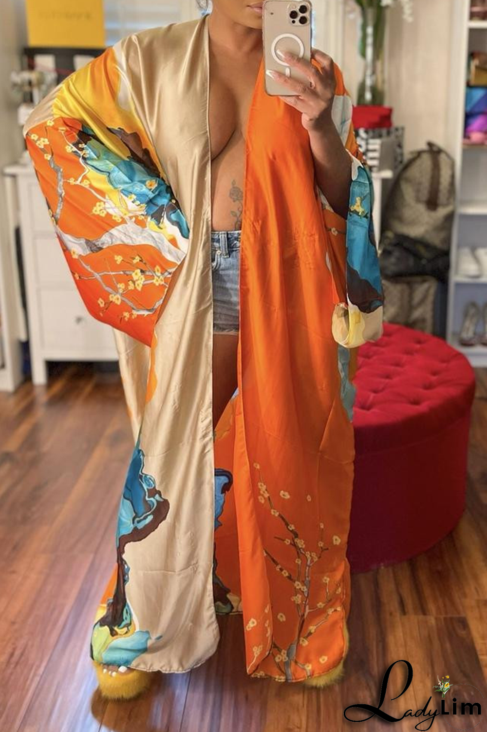 Black Fashion Print Patchwork Cardigan Collar Outerwear(Without belt)