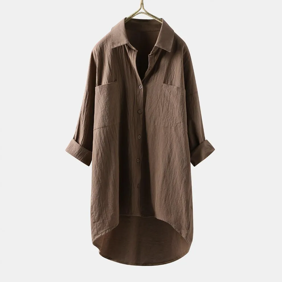 Brownm Brownm Women's Clothing 2025 Spring And Autumn Casual Style Pure Shirt Women Loose Cotton T-Shirt Double Pocket Long-Sleeved Top