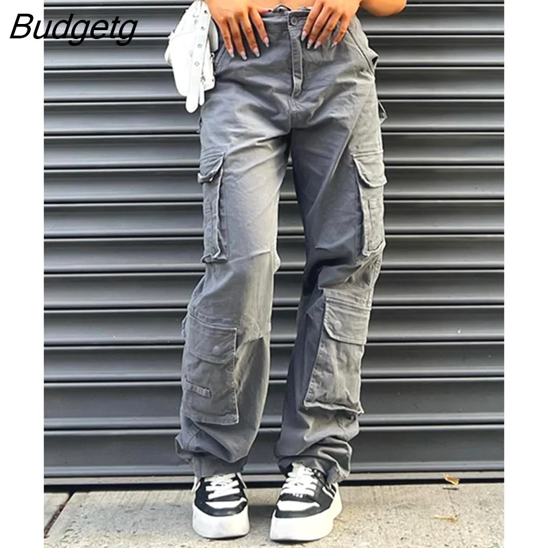 Budgetg Multi-Pockets Gray Streetwear Cargo Jeans Low Rise Denim Pants Women Aesthetic Vintage 90s Casual Black Straight Trousers