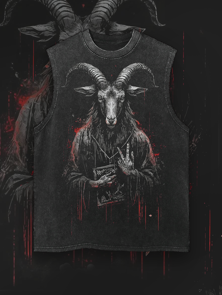 Shoptechwear Art Satanic Goat Devil Dark Demon Acid Wash Casual Vest