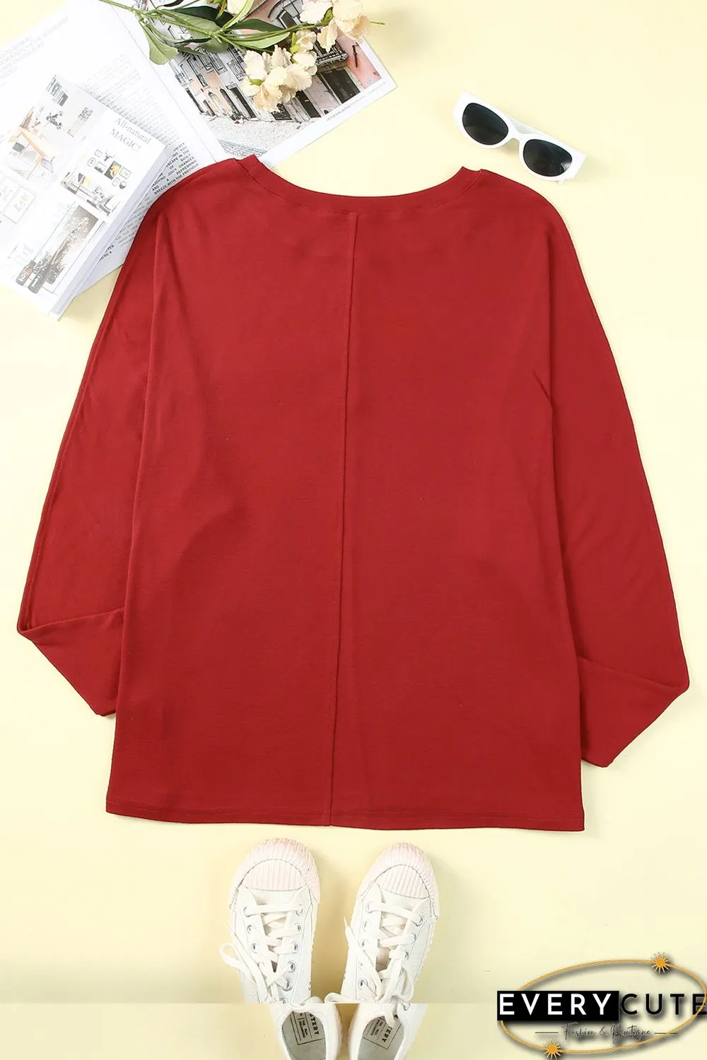 Red Solid Color Patchwork Long Sleeve Top