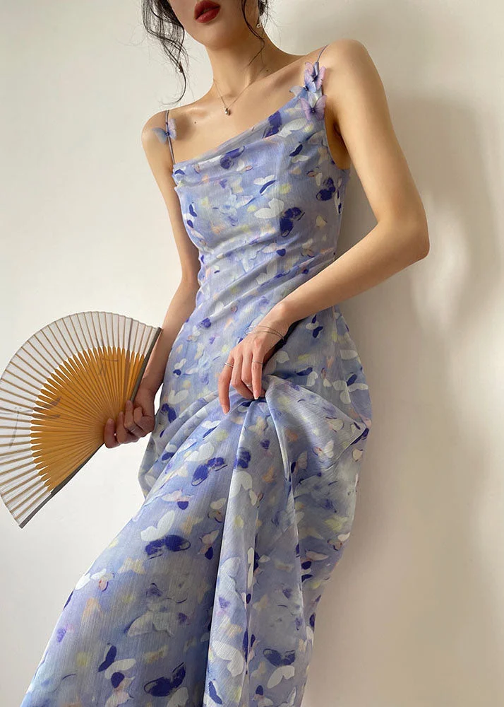 Beautiful Blue Floral Print Slim Fit Chiffon Holiday Spaghetti Strap Dress Summer