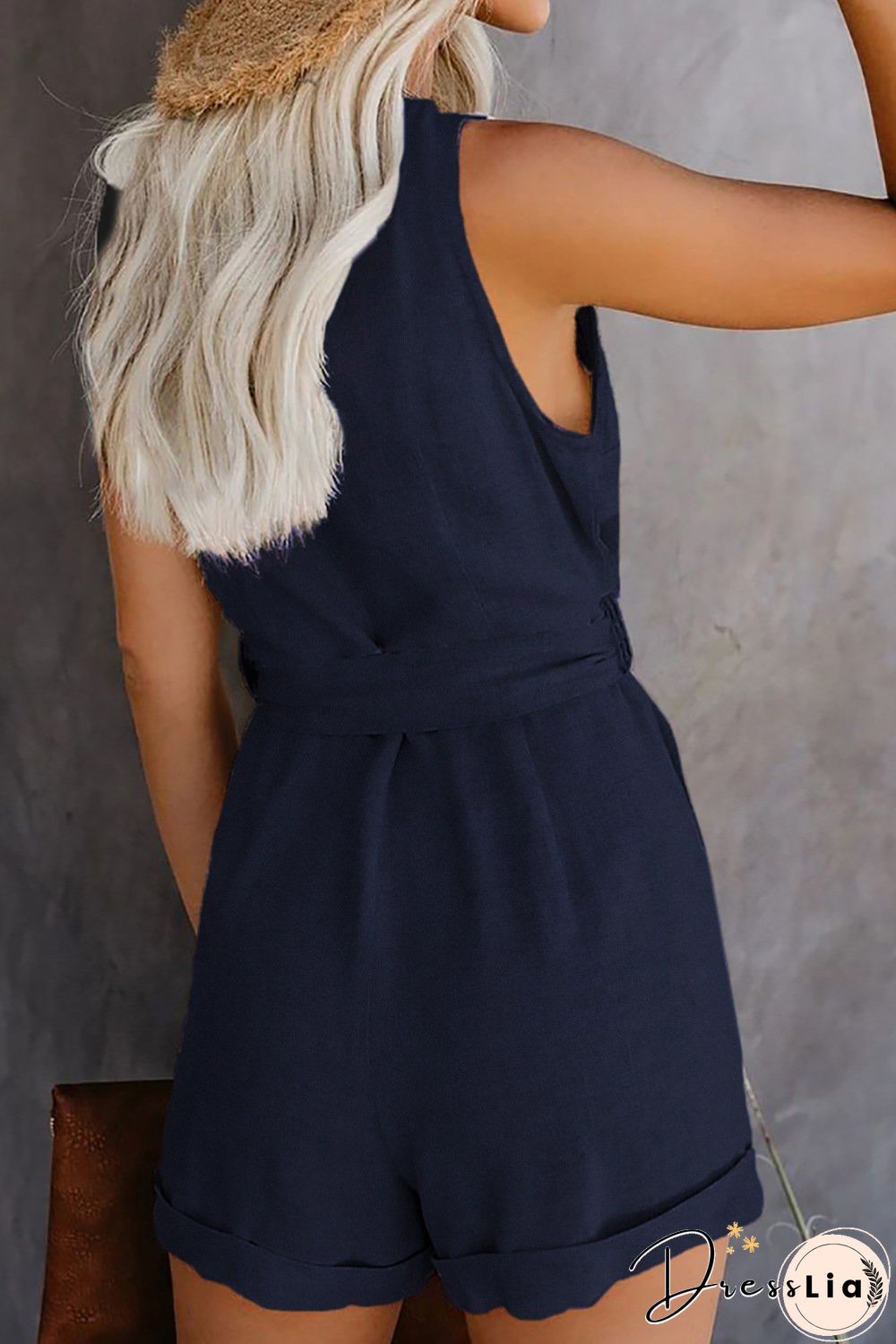 KarliDress Sleeveless Solid Color V Neck Single Breasted Romper P12767