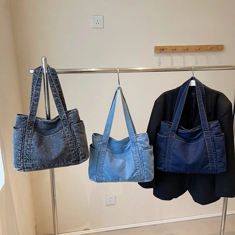 Women's Denim Solid Color Classic Style Square Zipper Tote Bag
