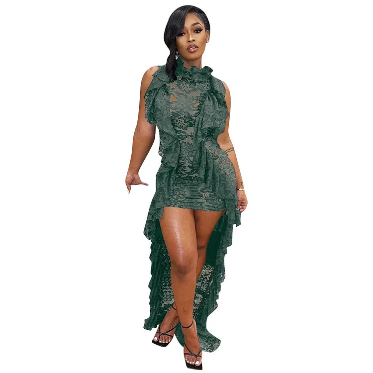 Dionne's Sleeveless Lace Ruffled Collar Irregular Asymmetric Mop Dress