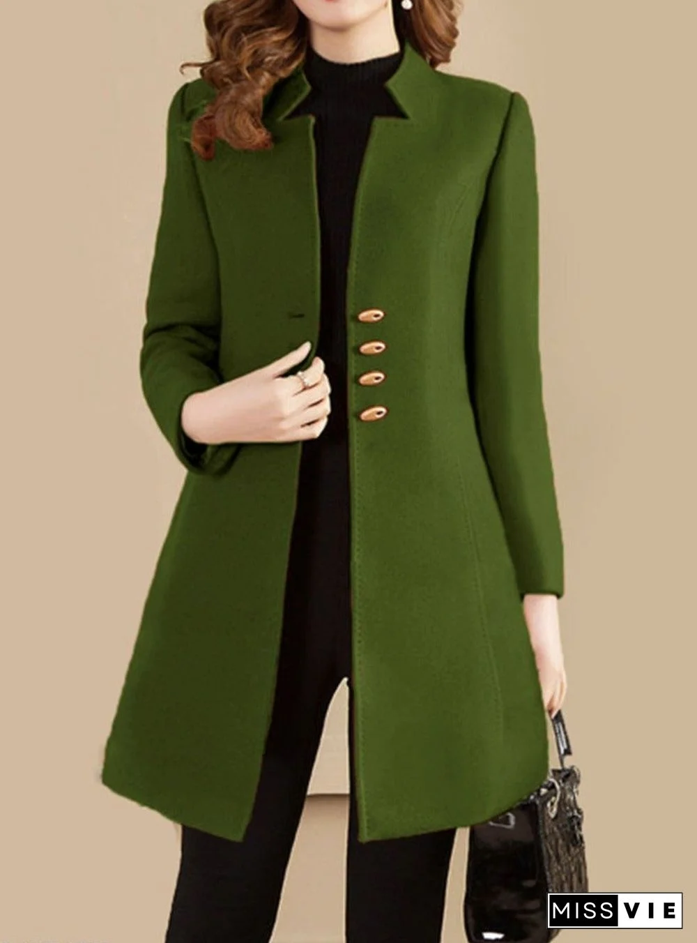 Collarless Autumn And Winter Mid Length Coat