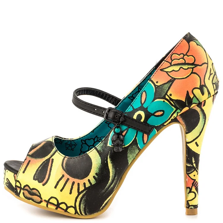 Vampire Yellow Floral Platform Mary Jane Pumps for Halloween |FSJ Shoes