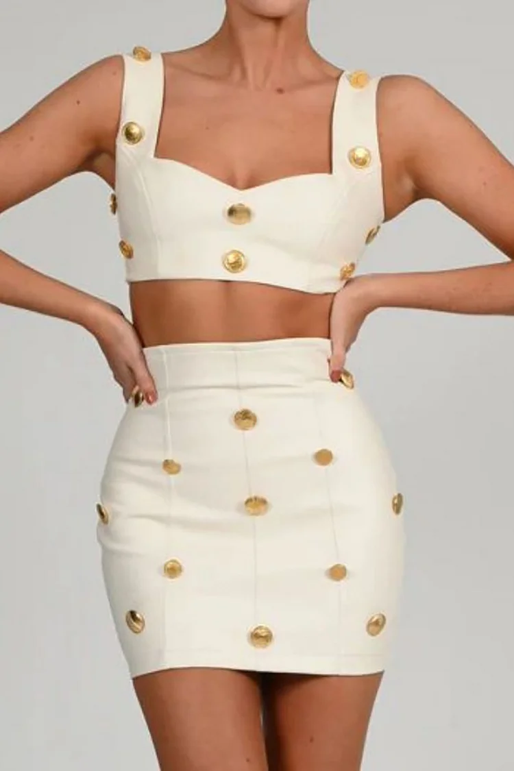 Straps Irregular Neck Crop Top Mini Skirt Bodycon Buckle Decor White Matching Sets