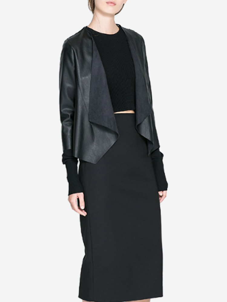 Back Hollow Out Lace PU Leather Black Jacket Coat