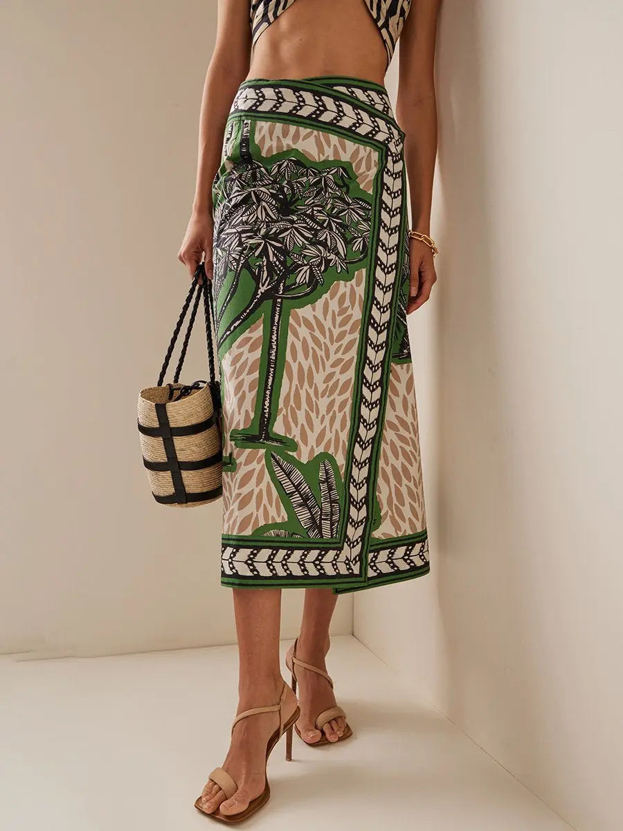High Waist Plants Print Lace Up Skirts