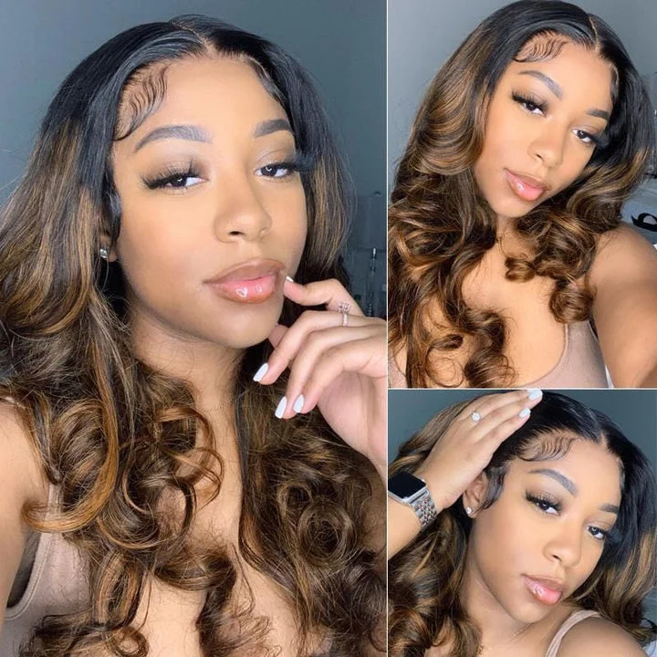 $100 OFF Full $101- Dark Root Brown Balayage Highlight Body Wave Lace Front Wig