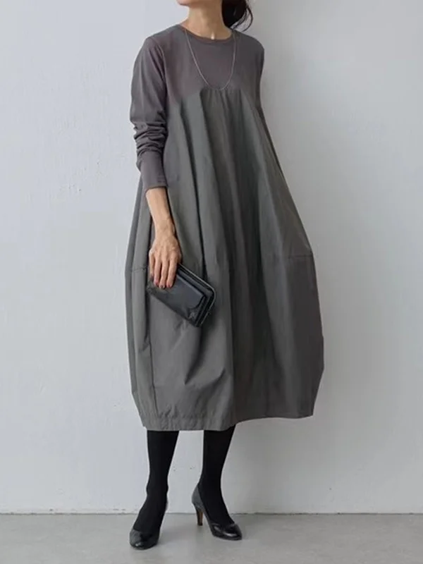 Long Sleeves Loose Split-Joint Round-Neck Midi Dresses