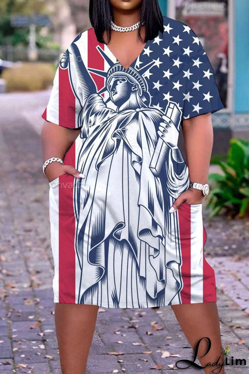 Deep Blue Casual Print Patchwork V Neck Dresses