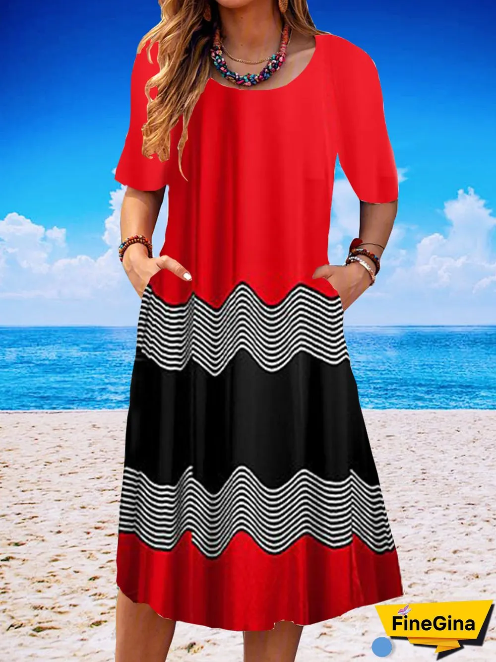 Women Short Sleeve Scoop Neck Stitching Midi Dress