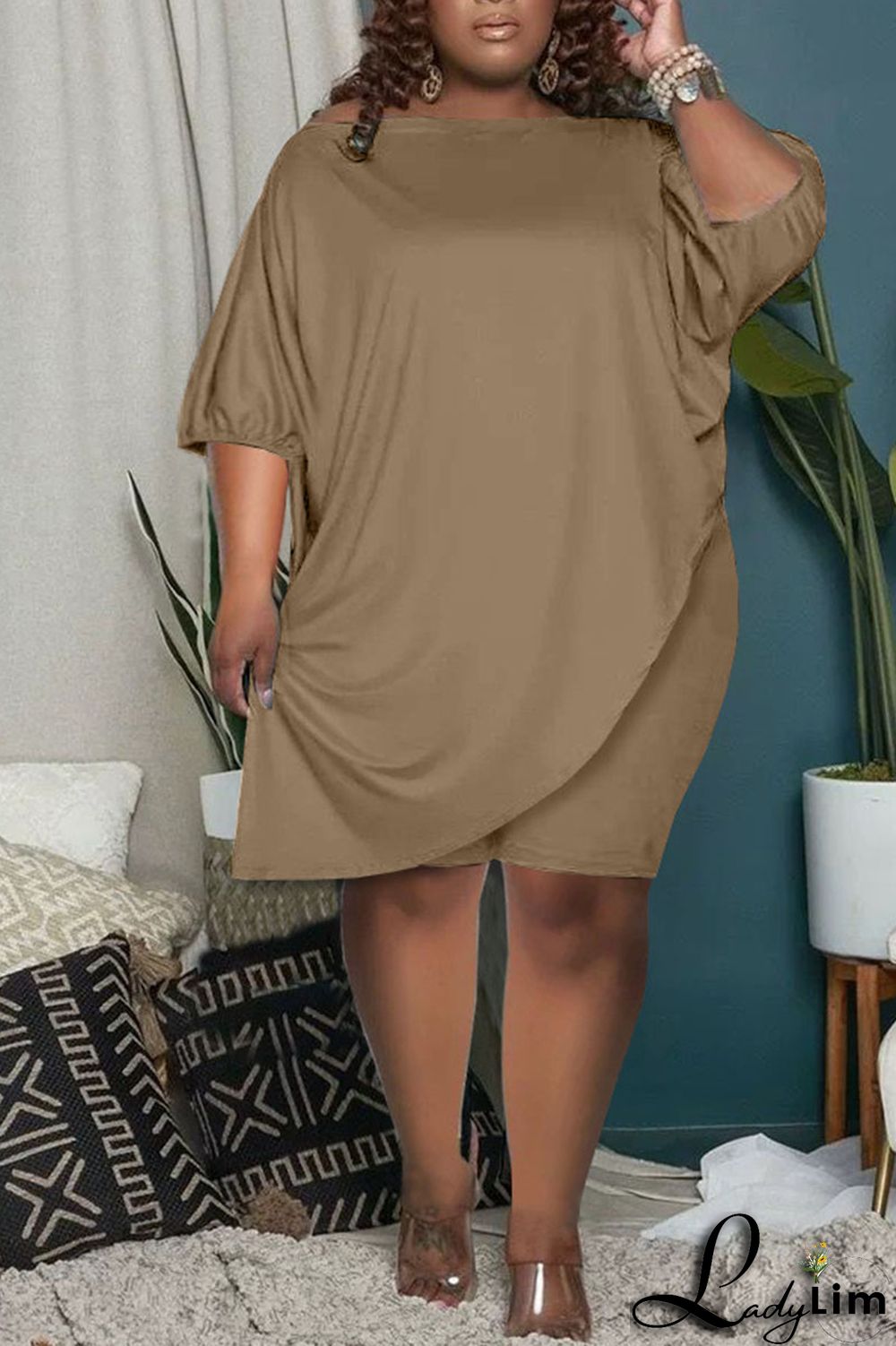 Burgundy Casual Solid Split Joint Asymmetrical Oblique Collar Plus Size Two Pieces