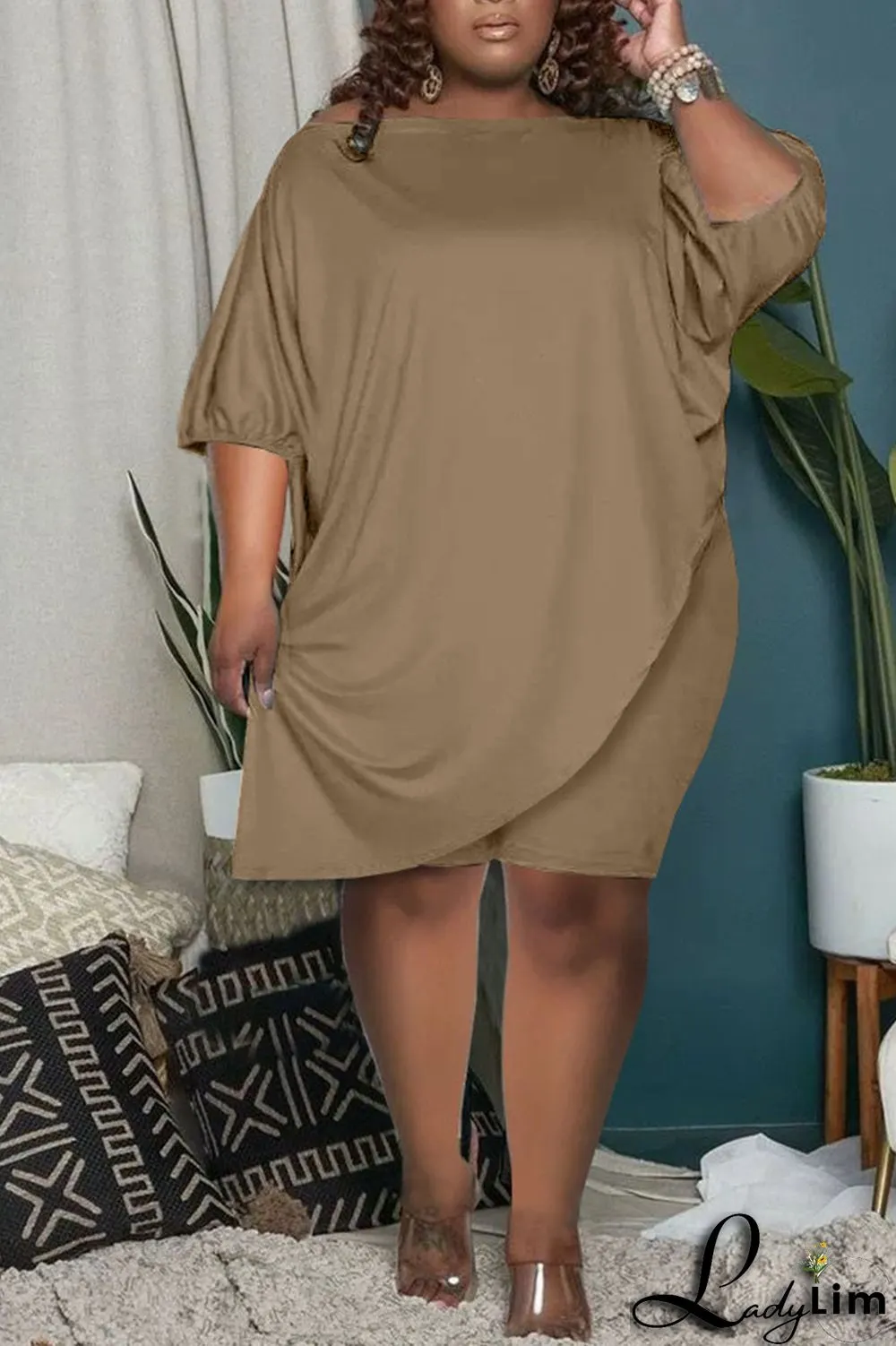 Burgundy Casual Solid Split Joint Asymmetrical Oblique Collar Plus Size Two Pieces
