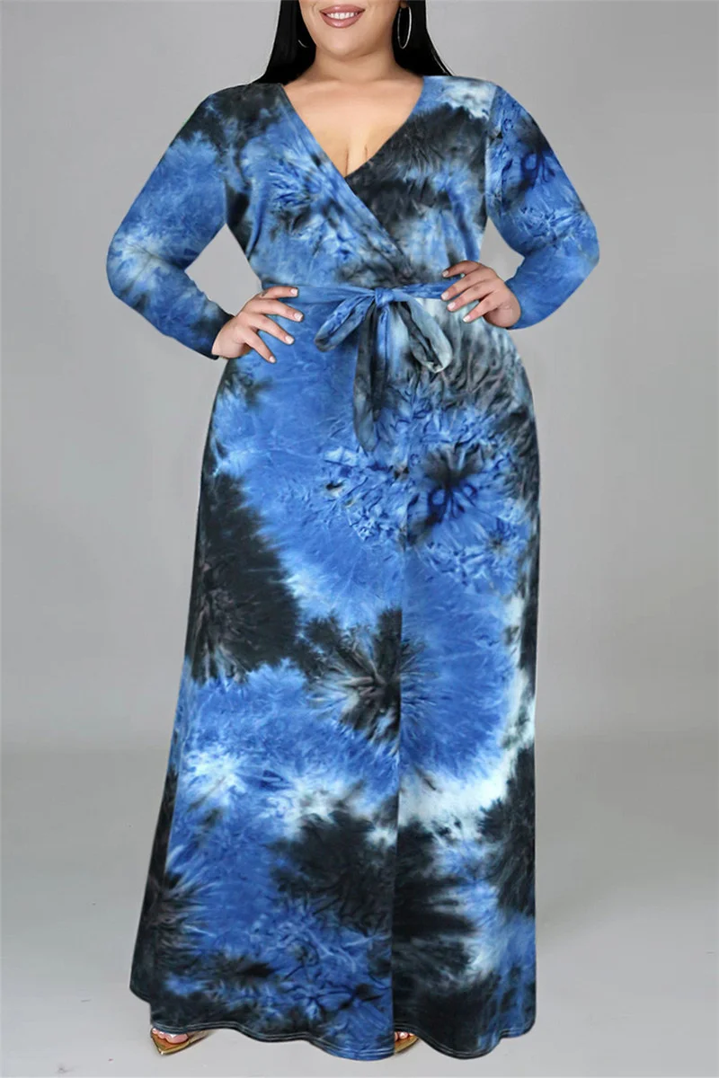 Deep Blue Fashion Casual Print Tie-dye V Neck Long Sleeve Plus Size Dress | EGEMISS