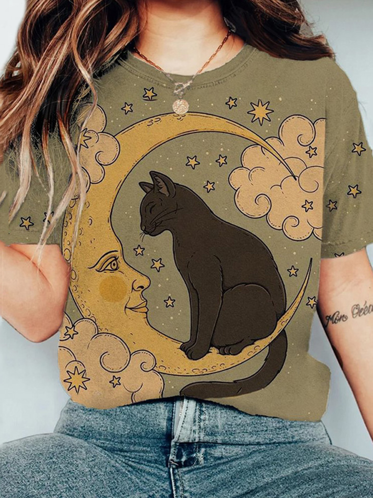Comstylish Vintage New Moon Black Cat Clouds Stars Art Print Ombre Japanese Art Round Neck Short Sleeve T-Shirt