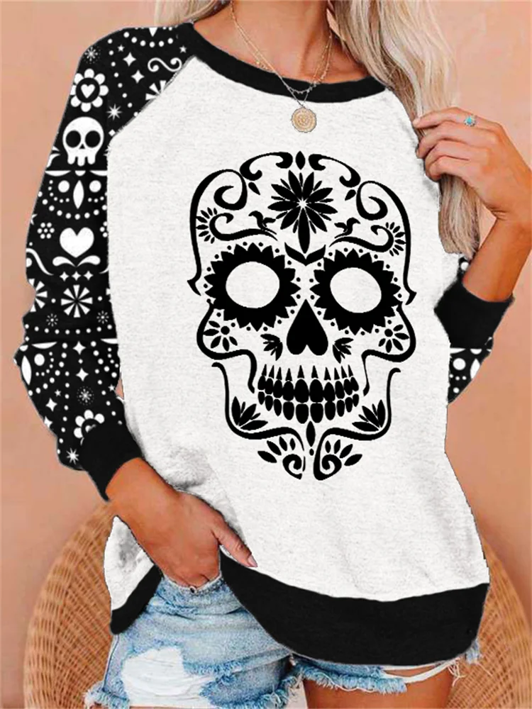 Day Of The Dead Sugar Skull Patchwork Sweatshirt