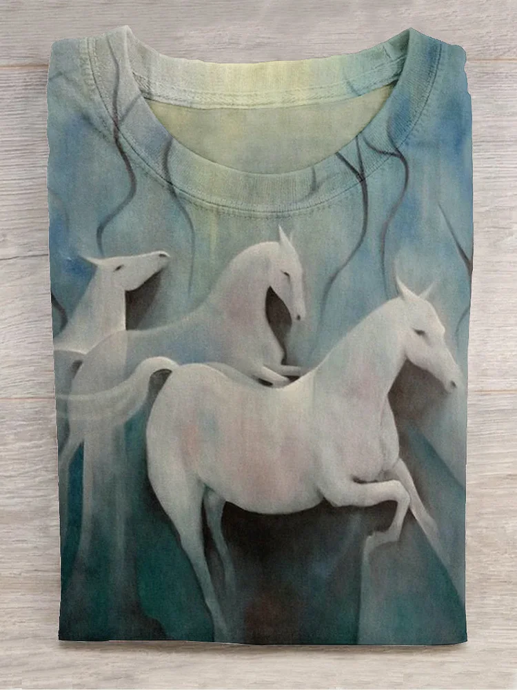 Unisex Abstract Painting White Horse Art Print Round Neck Short Sleeve T-Shirt