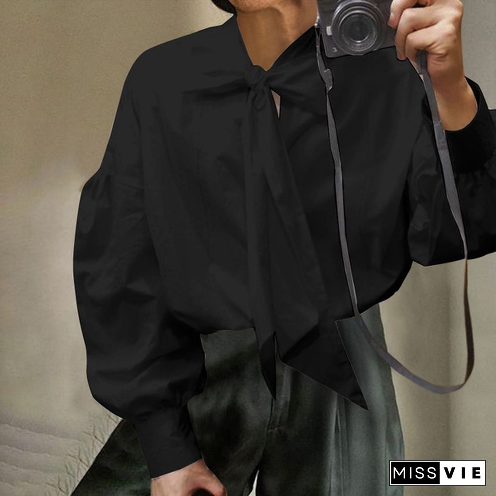 New Men Loose Long Sleeve Tie Blouse Dress Solid Color Clubwear Retro Shirts Tops