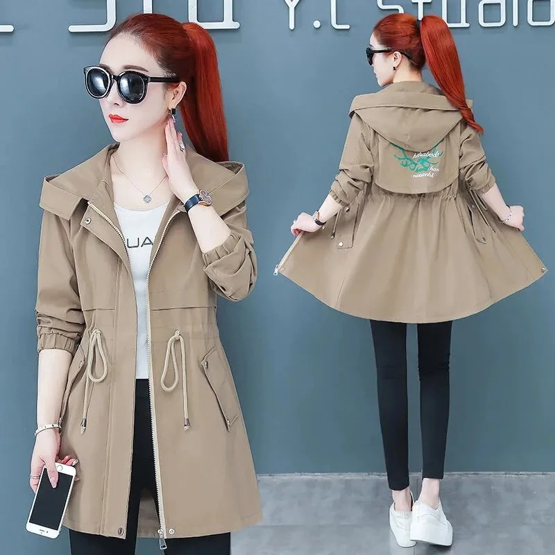 Women's Trench Coat 2021 Autumn New Drawstring Hooded Mid Long Overcoat Plus Size 5XL Female Windbreaker Basic Coats Casual Tops