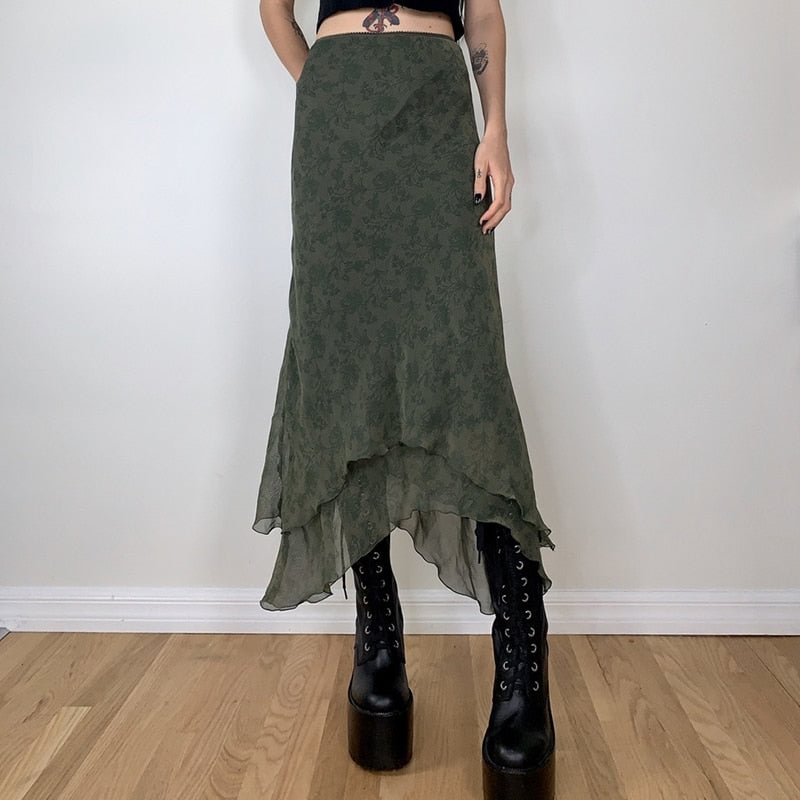 Elegant Lady Irregular High Waist Midi Skirts Grunge 2000s aesthetic Ruffles Chiffon Skirt Vitnage Streetwear Green Clothes