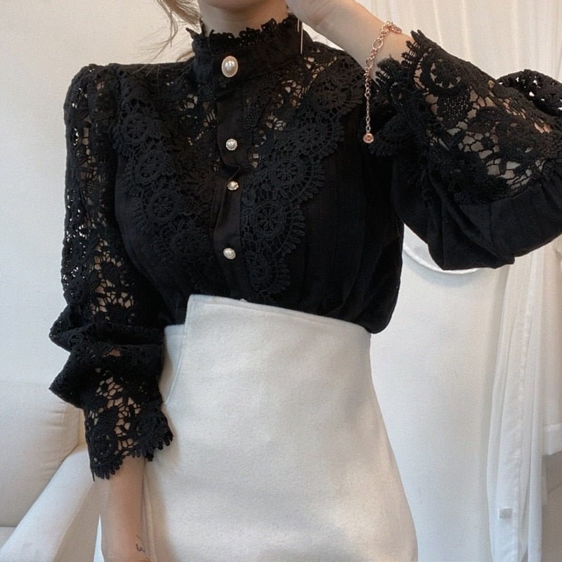 White Patchwork Shirt Button Hollow Out Tops Korean Chic Lace Blouse Women Flower Stand Collar Blusas Petal Sleeve Blouses 12419