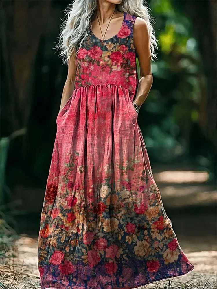Women's Floral Art Print Round Neck Sleeveless Cotton Pocket Dresses